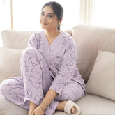 Lilac Love Bunny Printed V-Neck Button Printed Night Suit