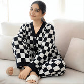 Black with White Smiley Printed V-Neck Button Printed Night Suit