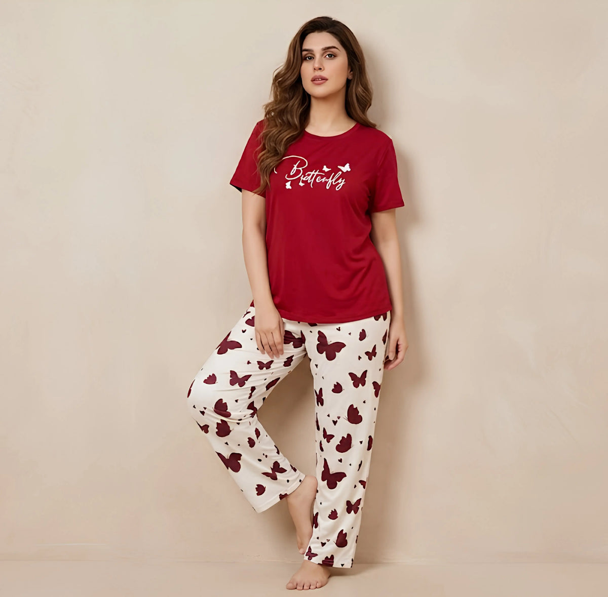 Mehroon Small Butterfly Printed Night Suit
