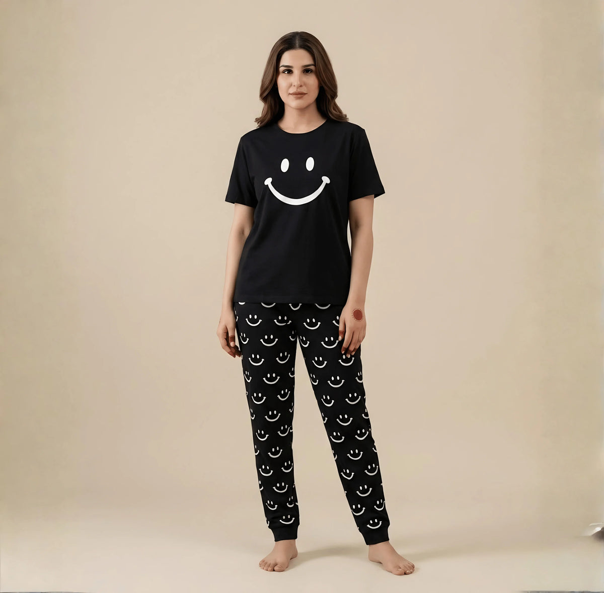 Black Smiley Printed Night Suit