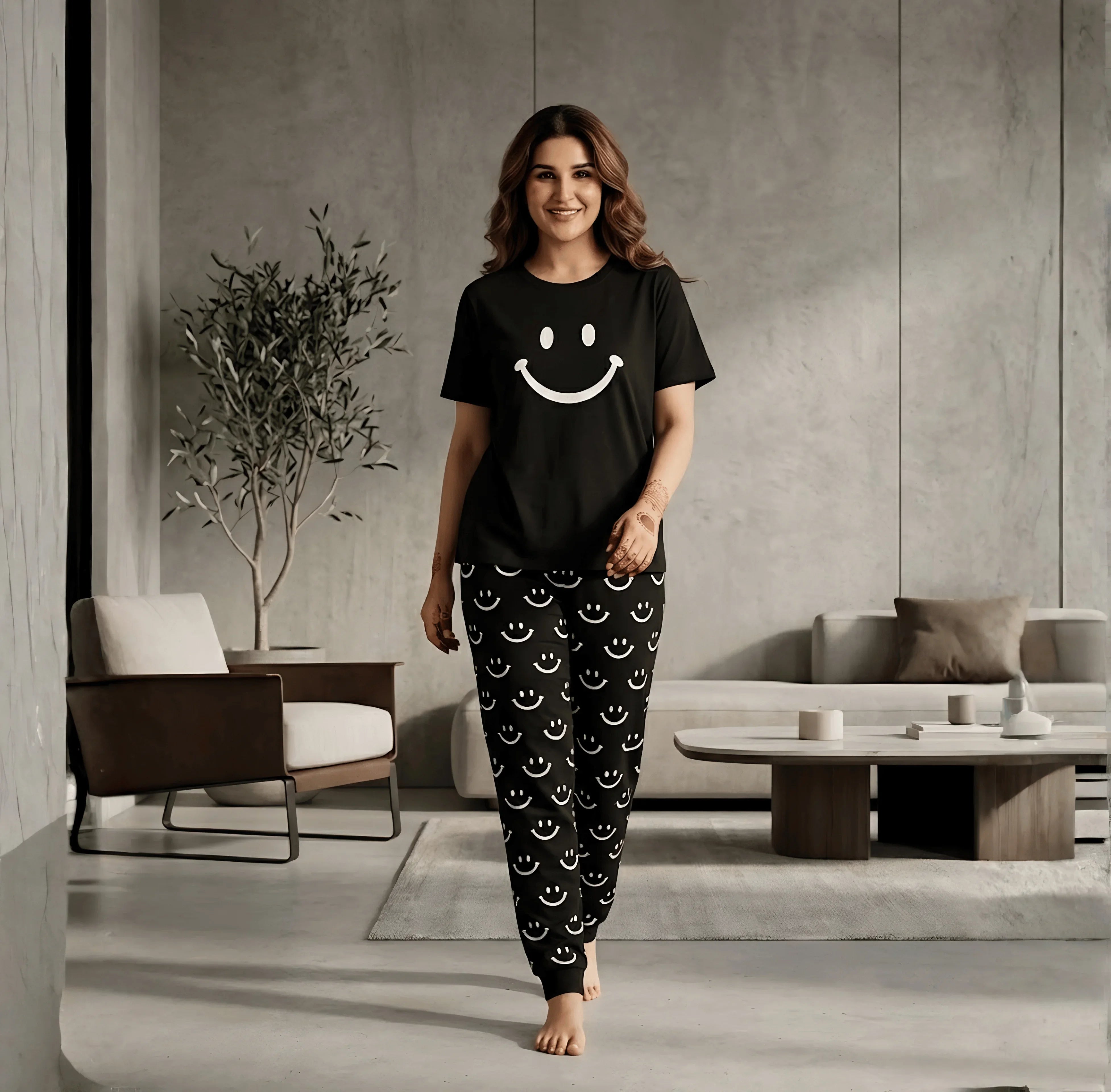 Black Smiley Printed Night Suit