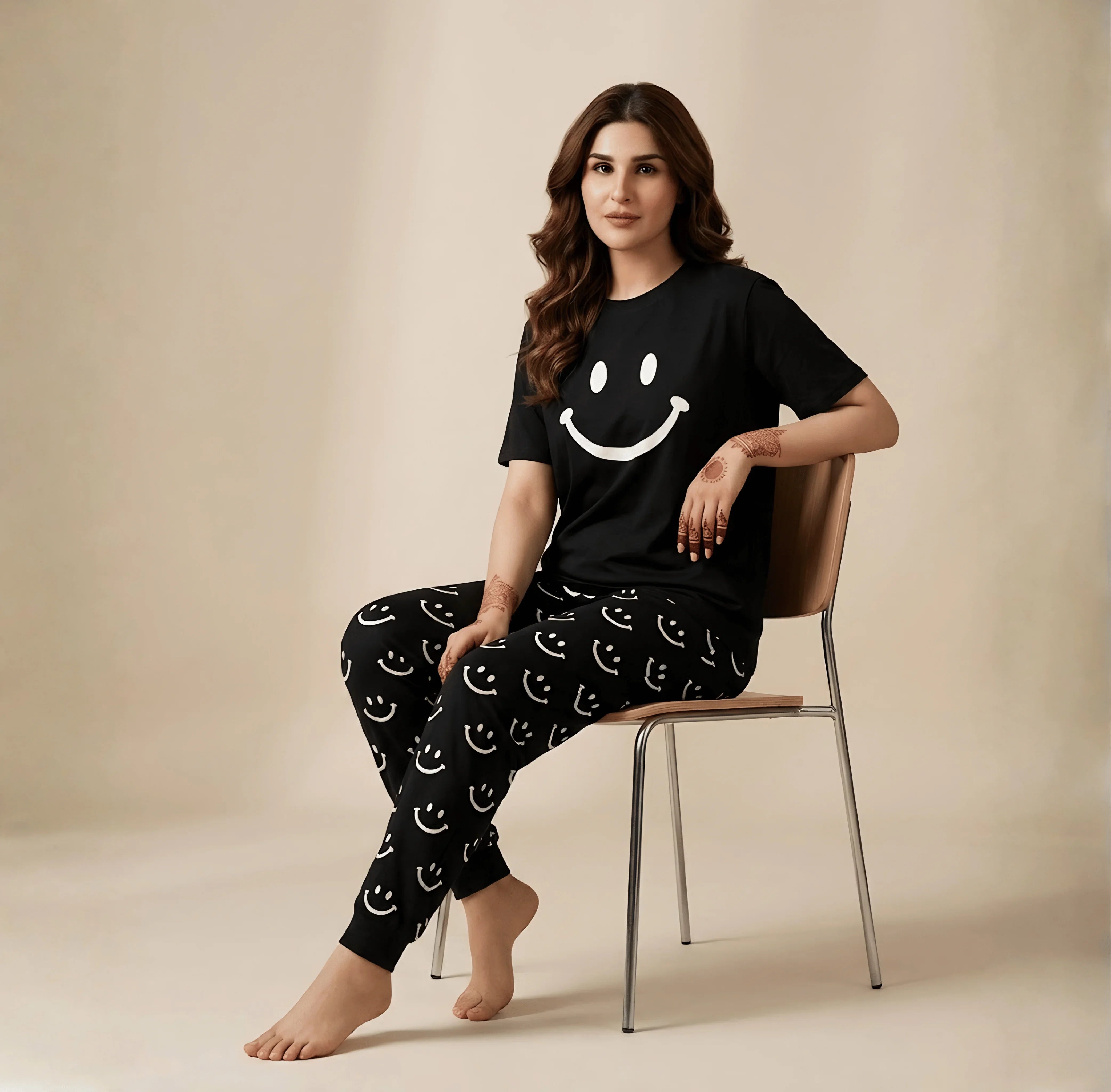 Black Smiley Printed Night Suit