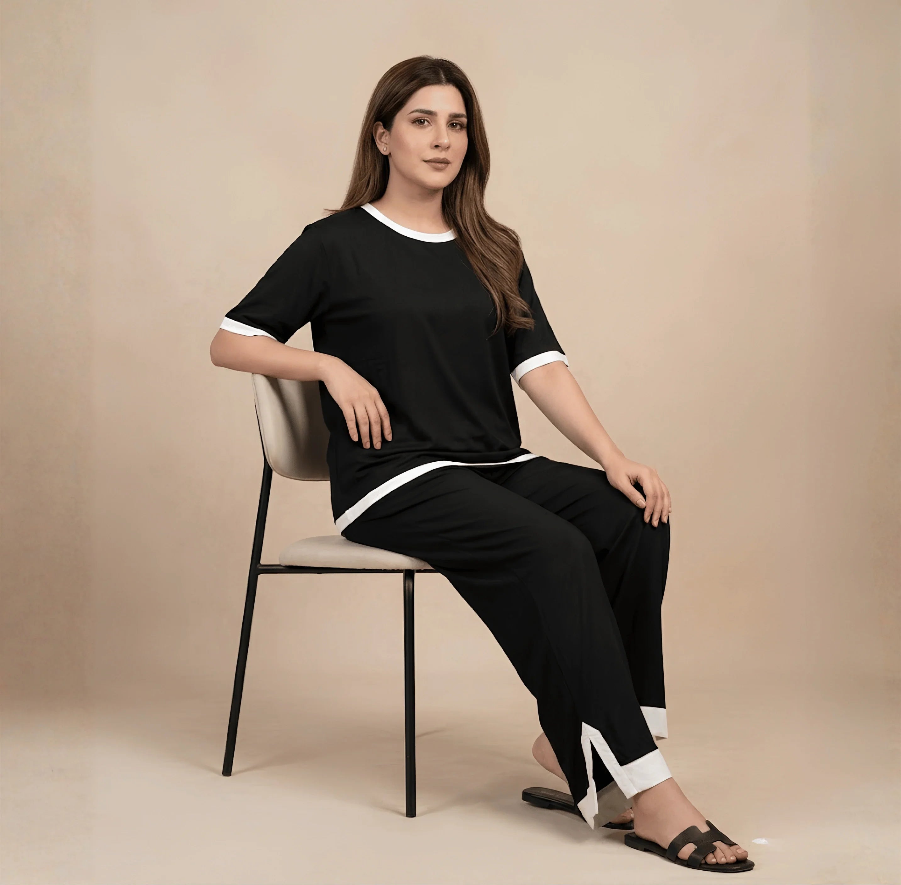 Black White Round Neck Plazzo PJ Set