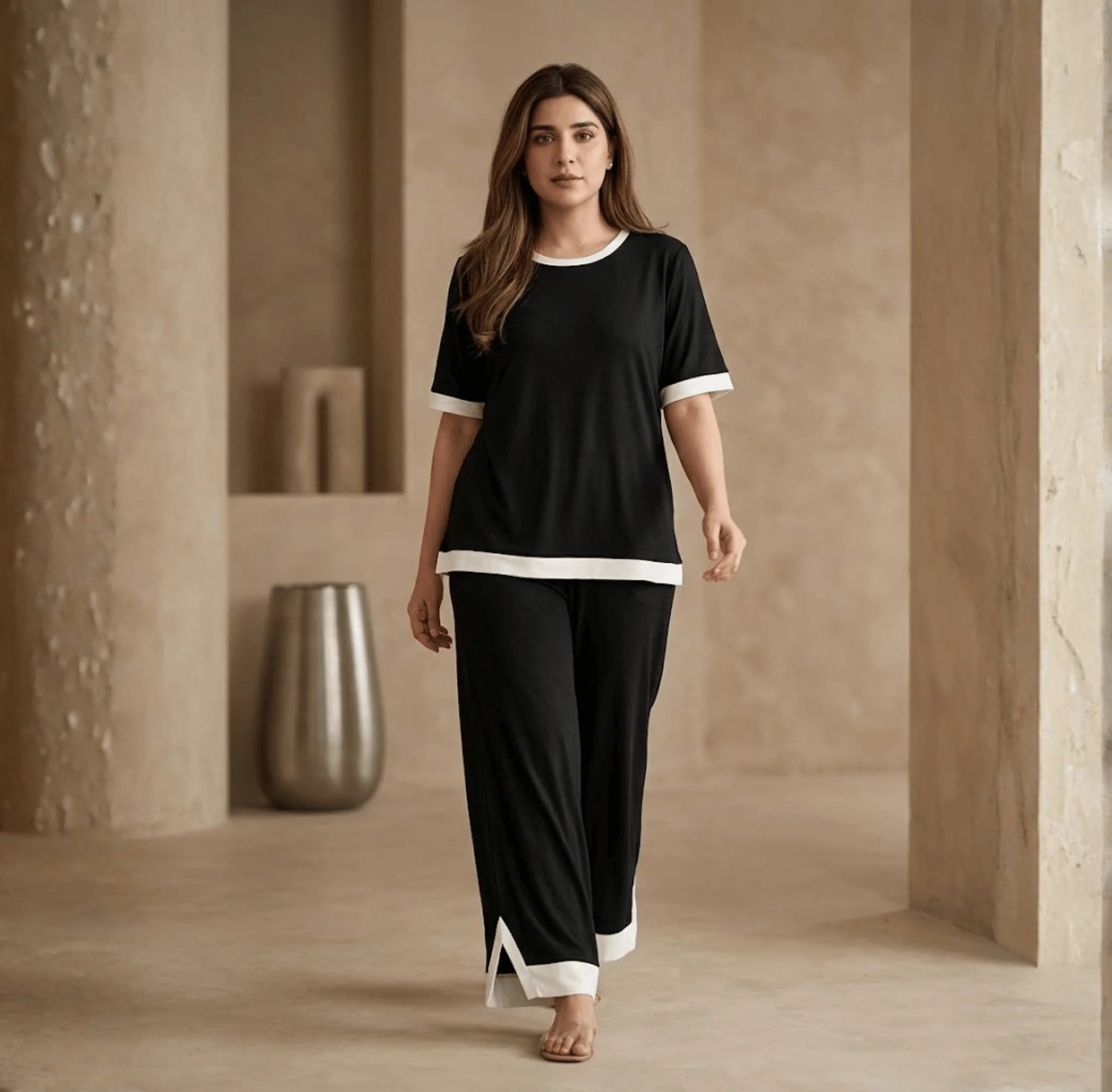 Black White Round Neck Plazzo PJ Set
