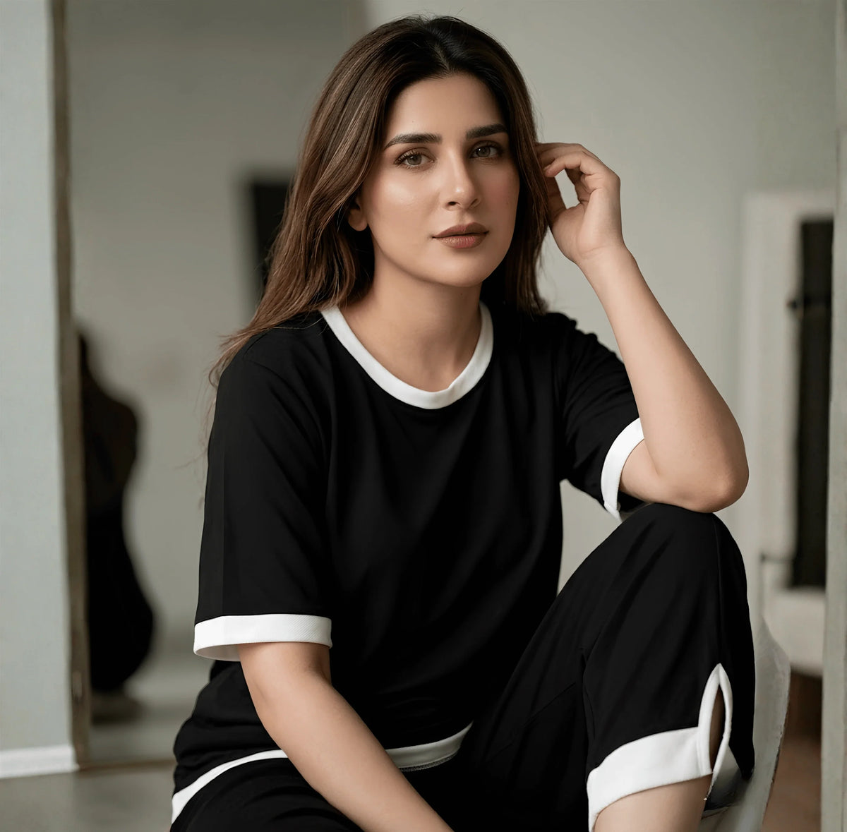 Black White Round Neck Plazzo PJ Set