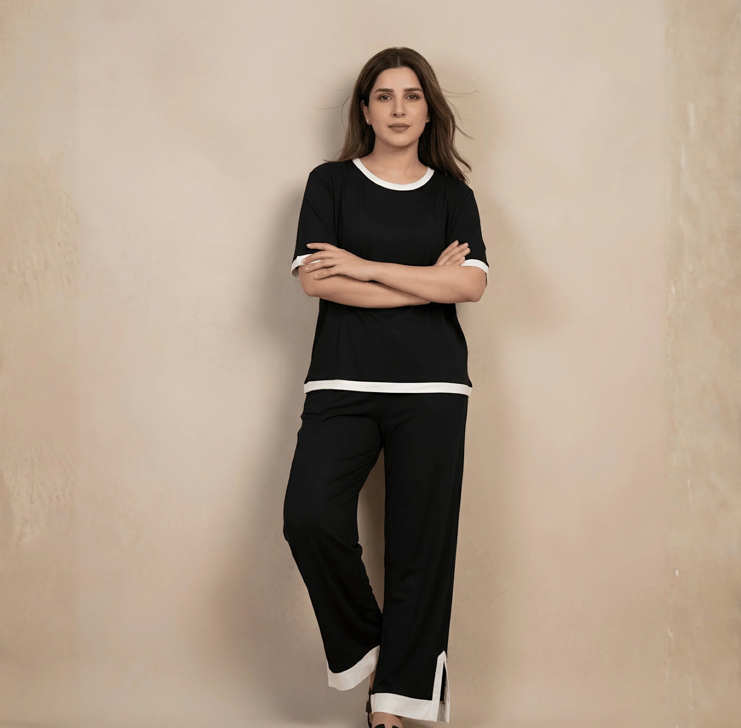 Black White Round Neck Plazzo PJ Set