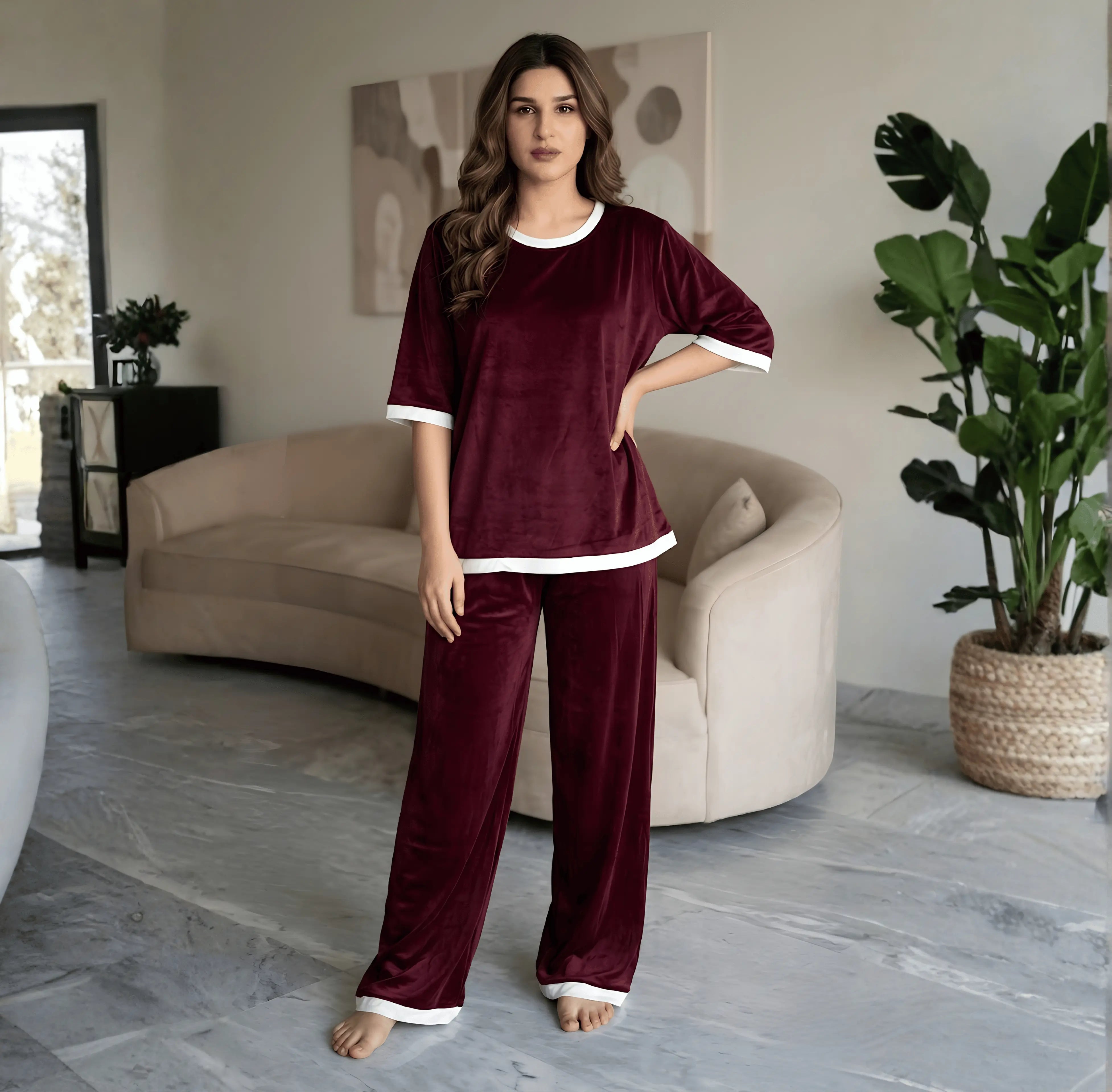 Maroon White Round Neck Plazzo PJ Set