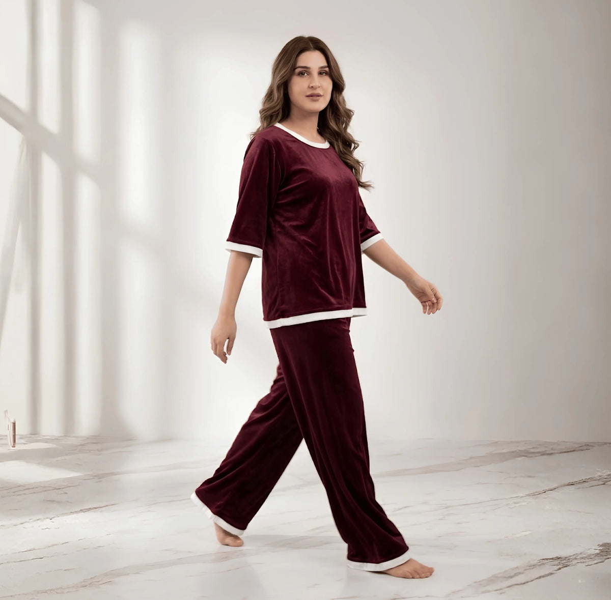 Maroon White Round Neck Plazzo PJ Set