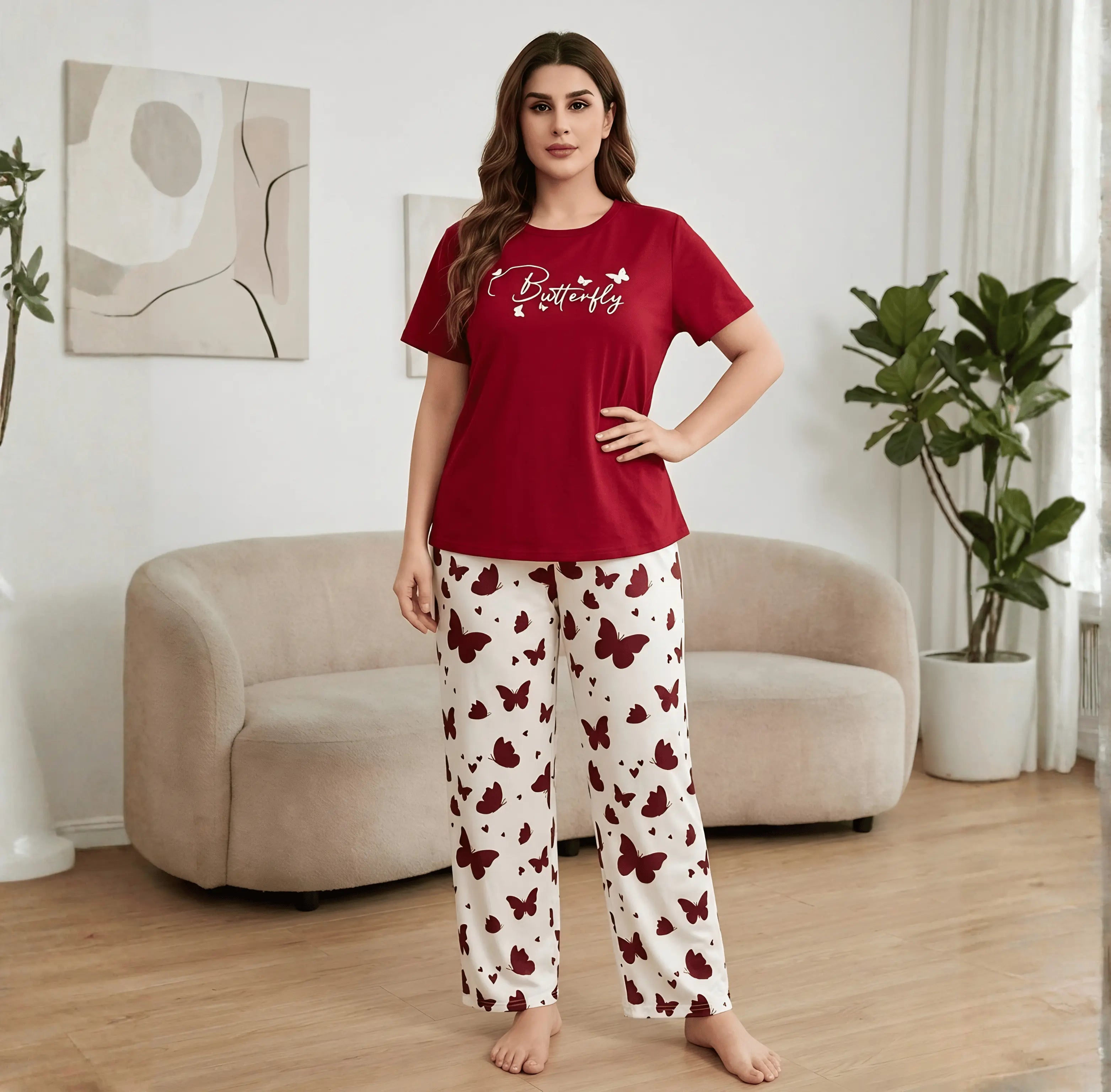 Mehroon Small Butterfly Printed Night Suit