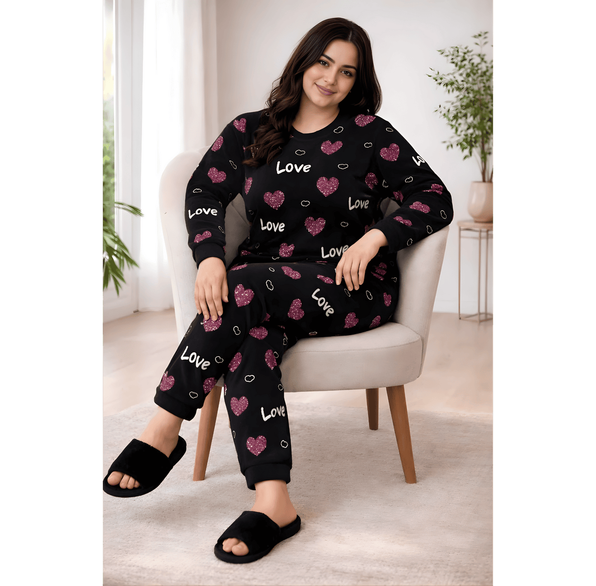 Black Love Heart Printed Night Suit