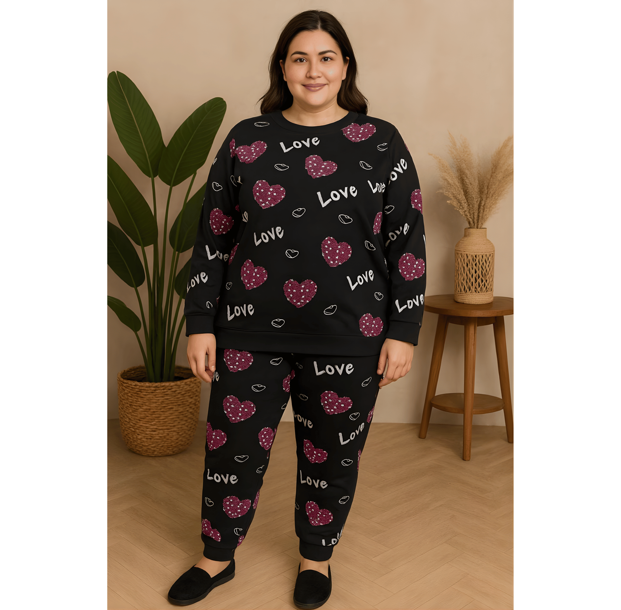 Black Love Heart Printed Night Suit