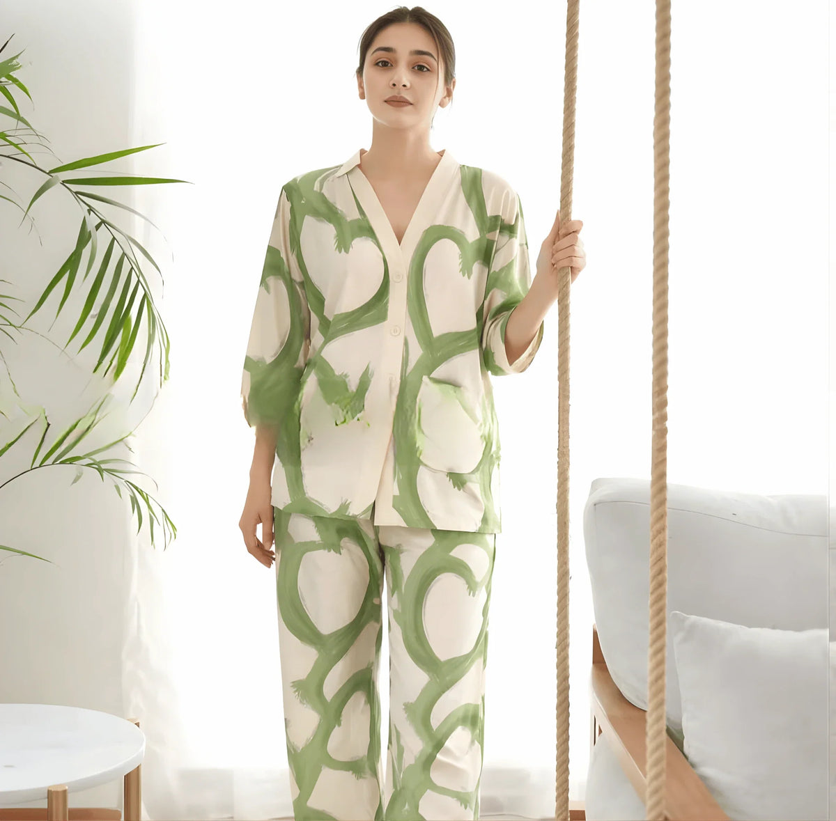 Green Hearts V-Neck Button Printed Night Suit