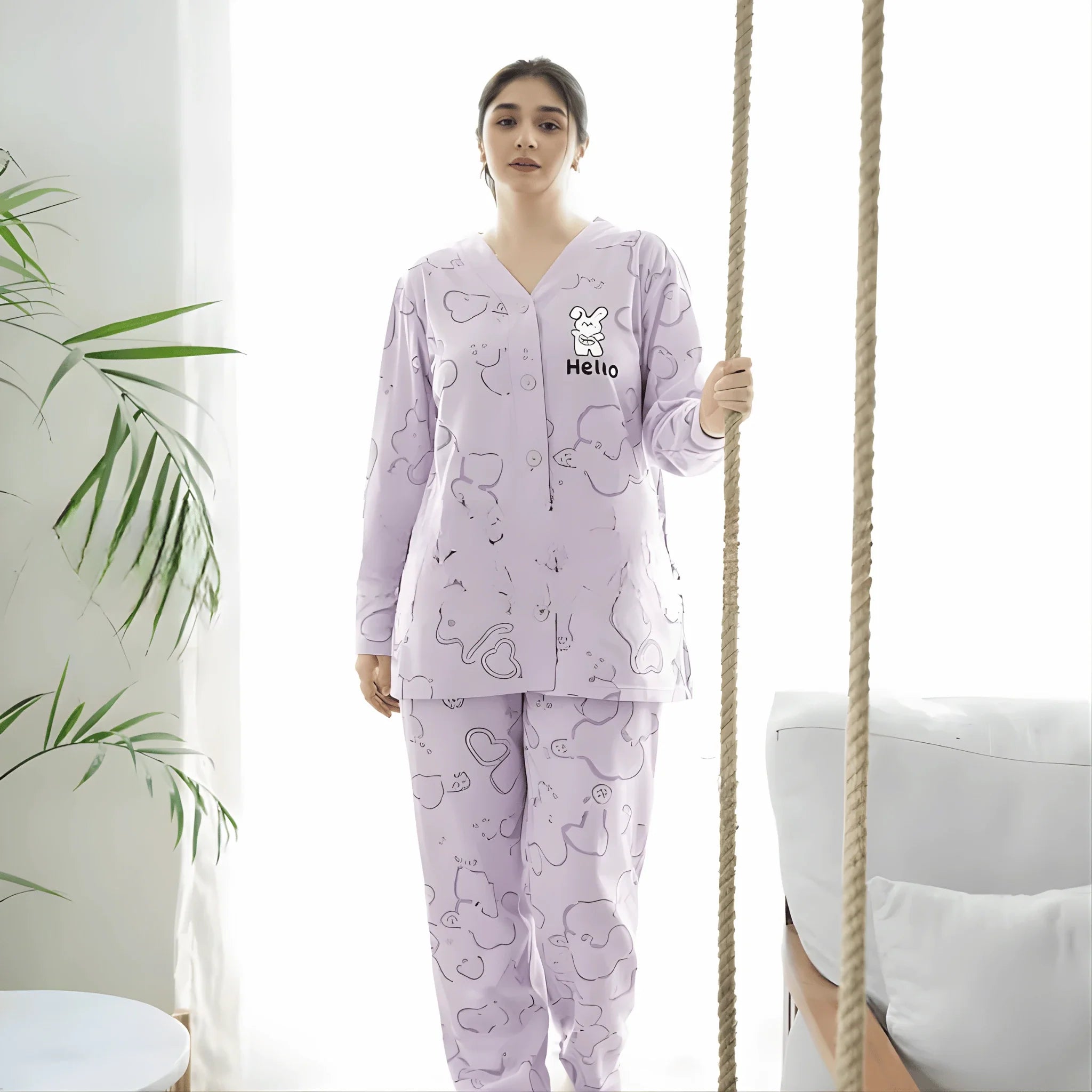 Lilac Love Bunny Printed V-Neck Button Printed Night Suit