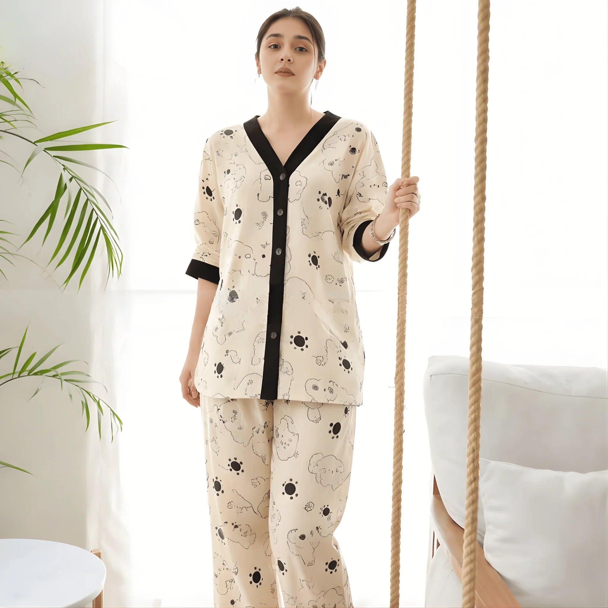 Cream With Black Bears V-Neck Button Printed Night Suit