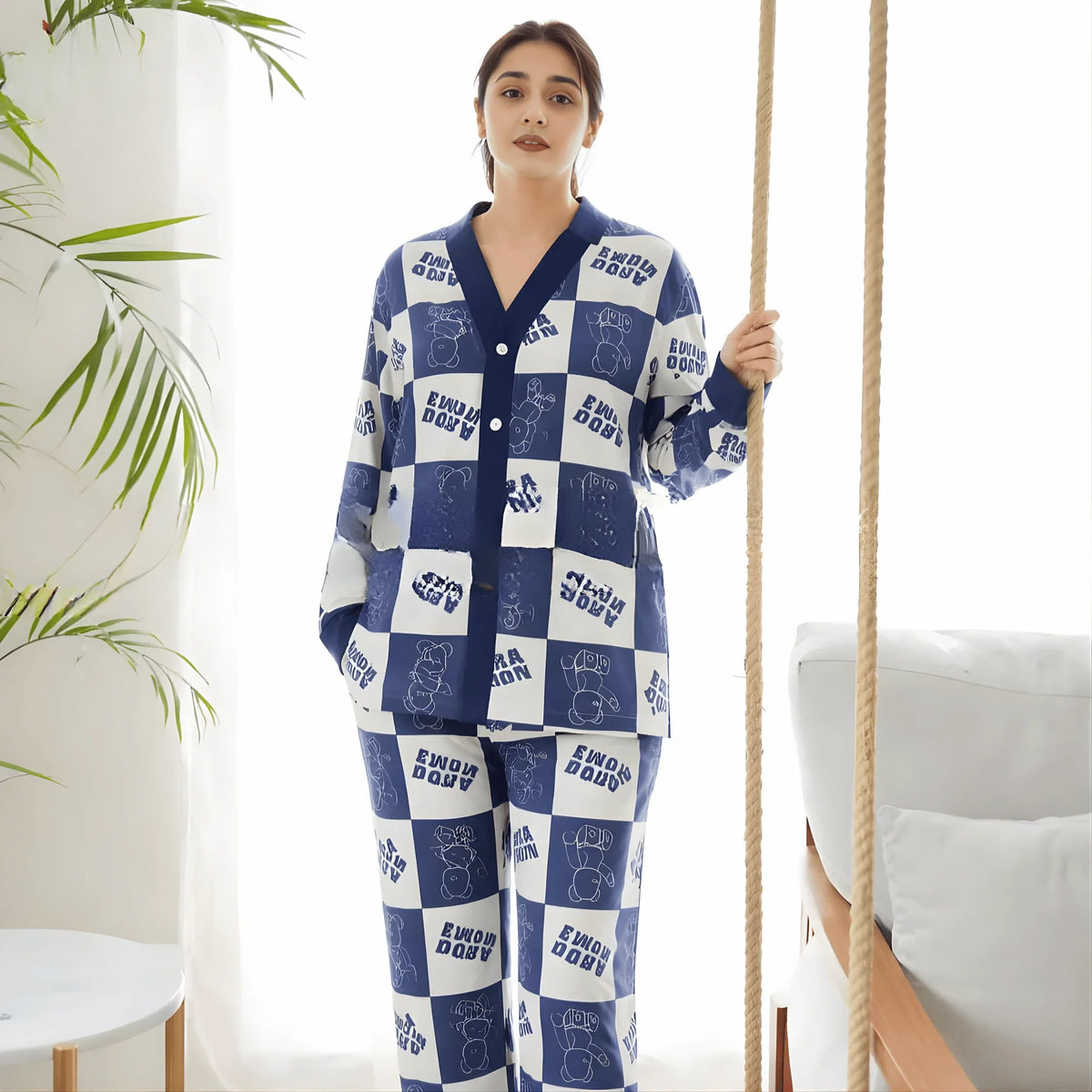 Blue with White Doraemon V-Neck Button Printed Night Suit
