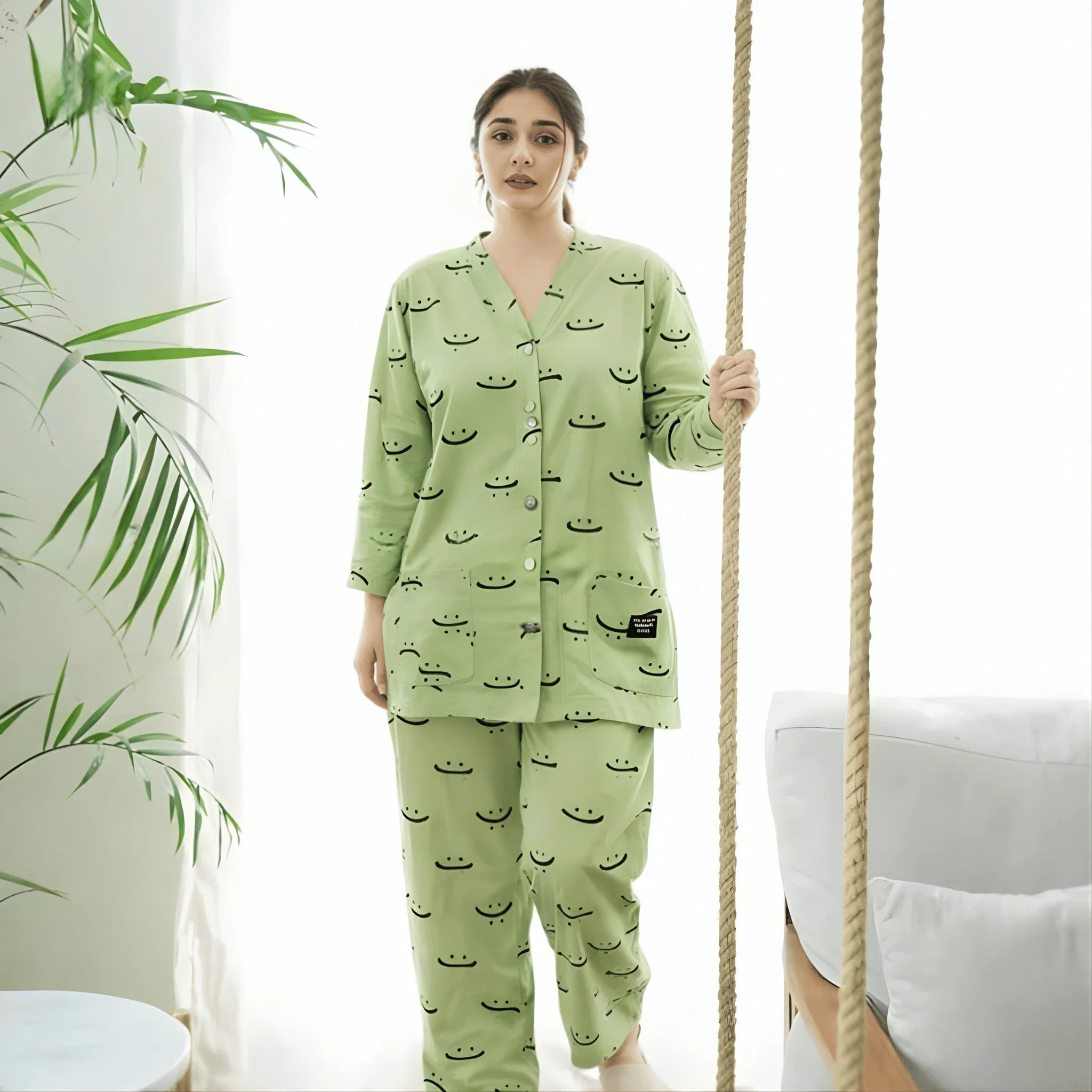 Green Autumn Smiley V-Neck Button Printed Night Suit