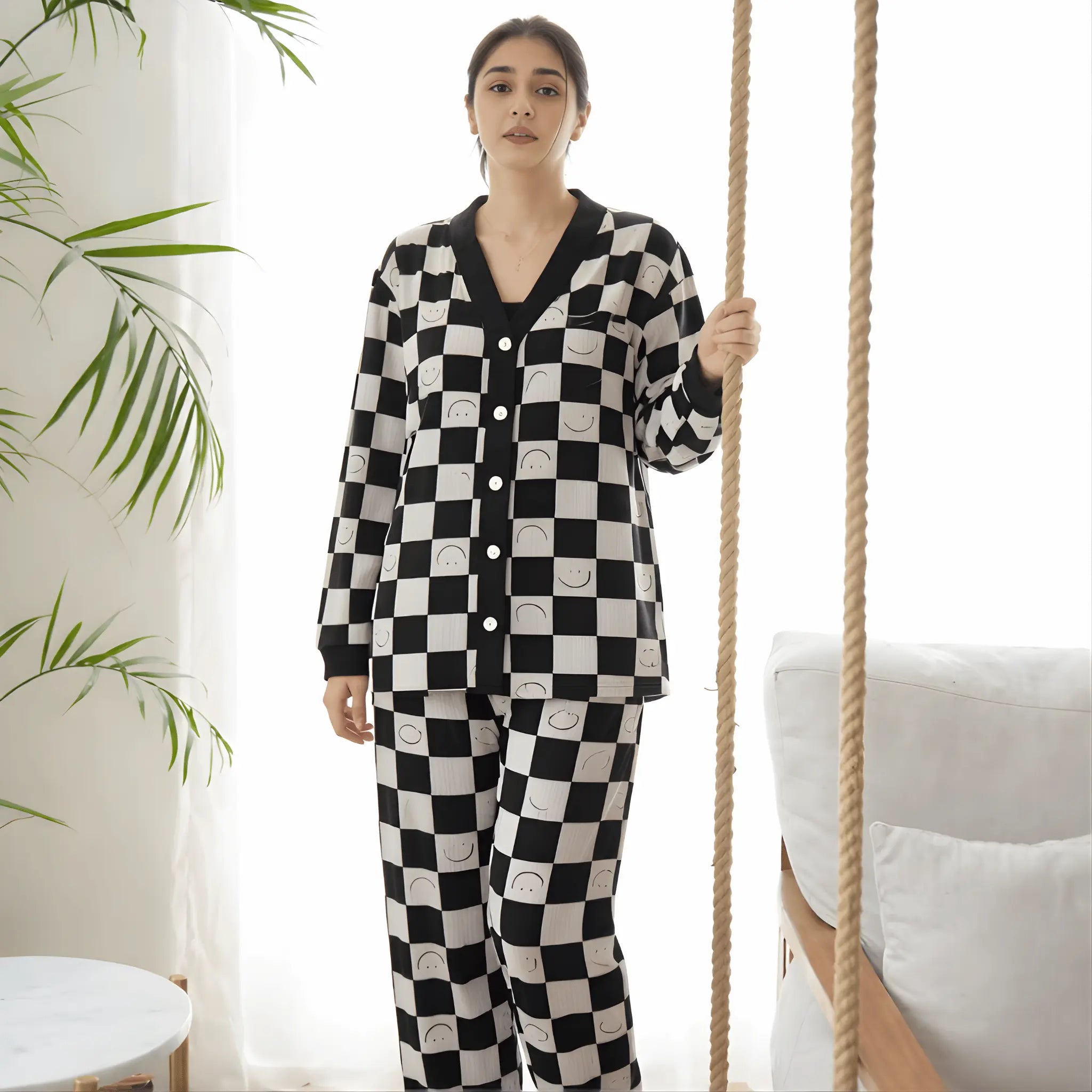 Black with White Smiley Printed V-Neck Button Printed Night Suit