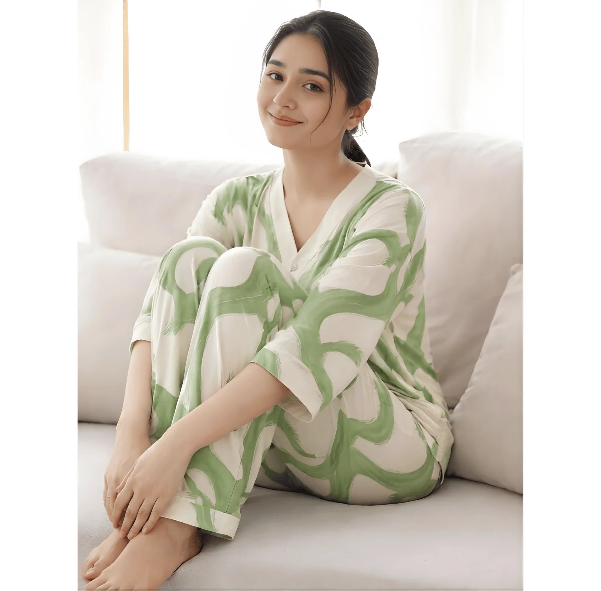 Green Hearts V-Neck Button Printed Night Suit