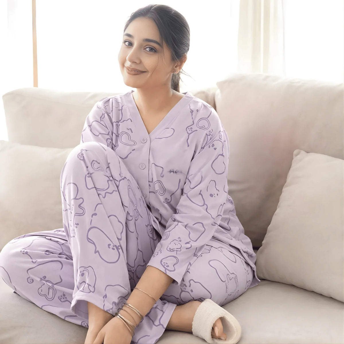 Lilac Love Bunny Printed V-Neck Button Printed Night Suit