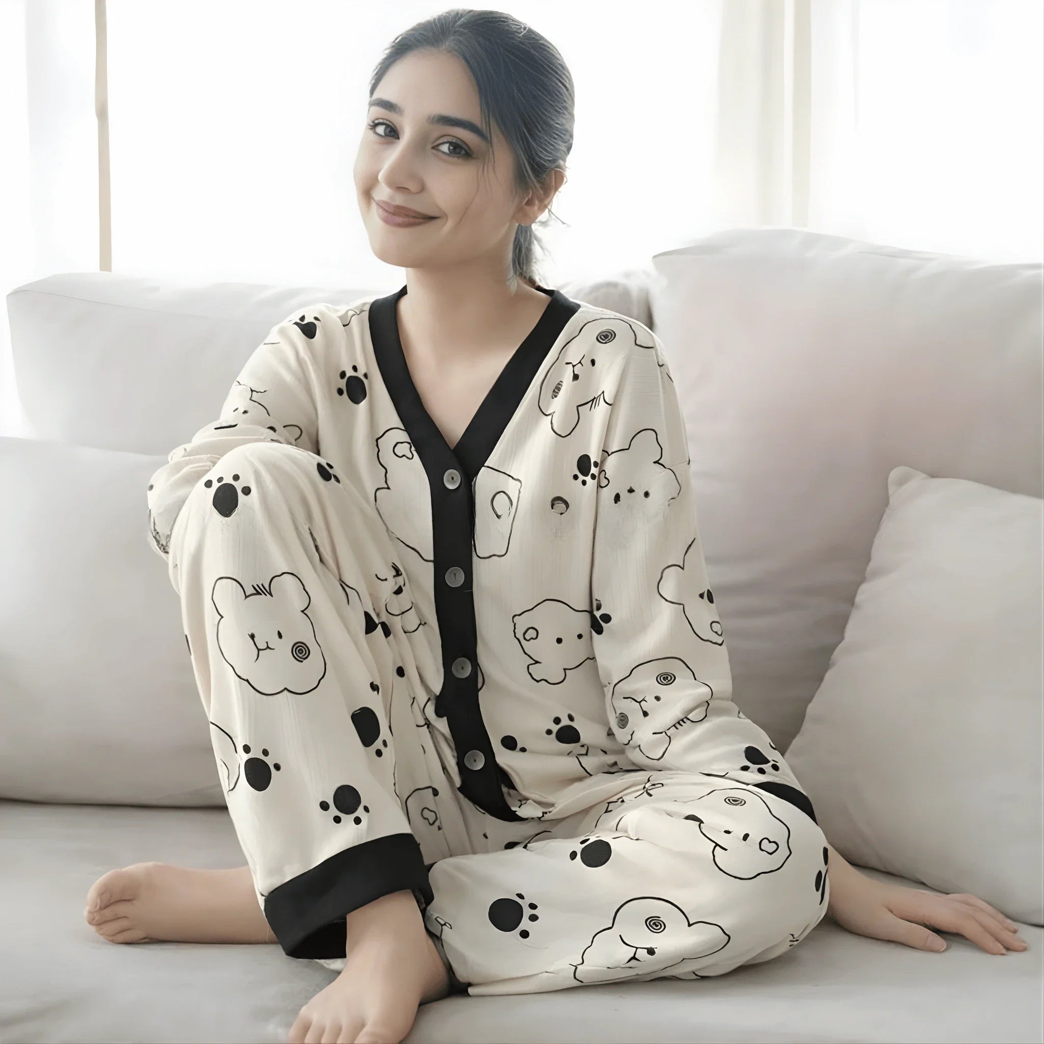 Cream With Black Bears V-Neck Button Printed Night Suit