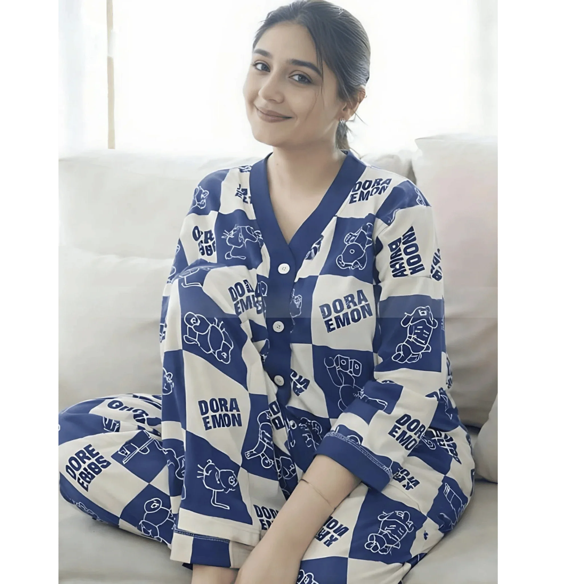Blue with White Doraemon V-Neck Button Printed Night Suit
