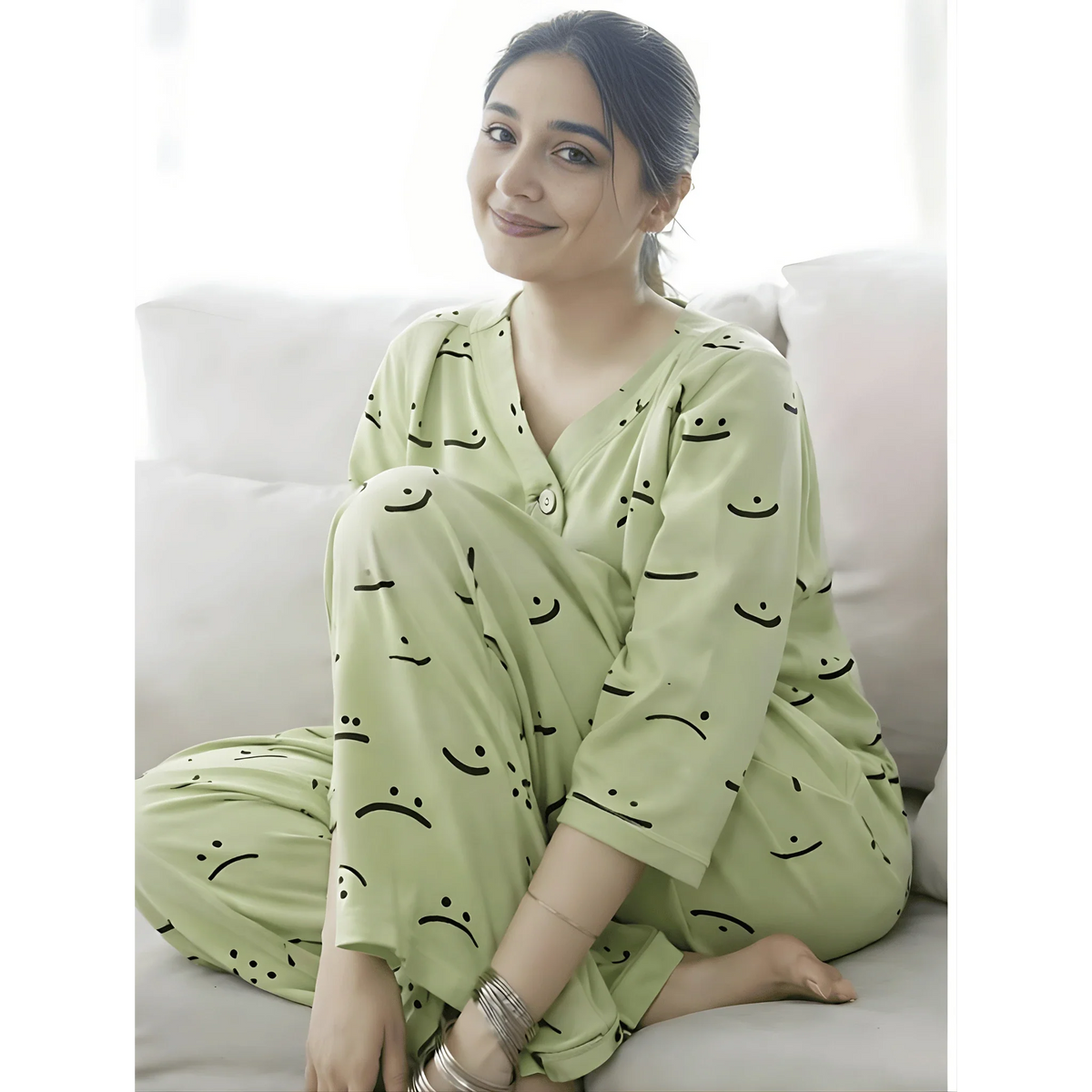 Green Autumn Smiley V-Neck Button Printed Night Suit