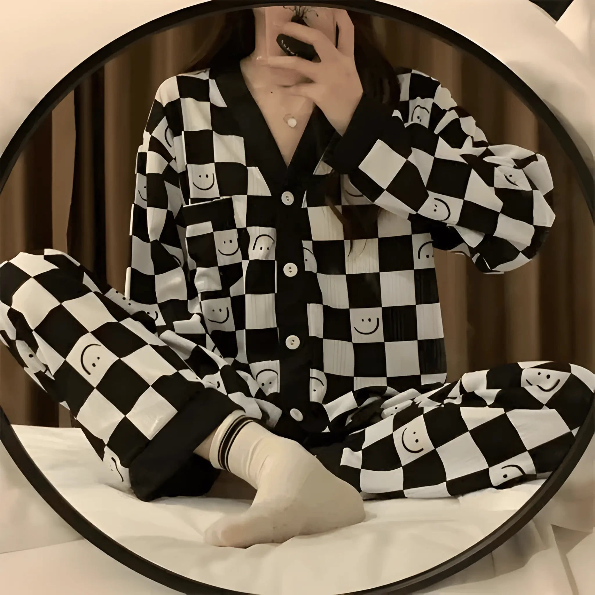 Black with White Smiley Printed V-Neck Button Printed Night Suit