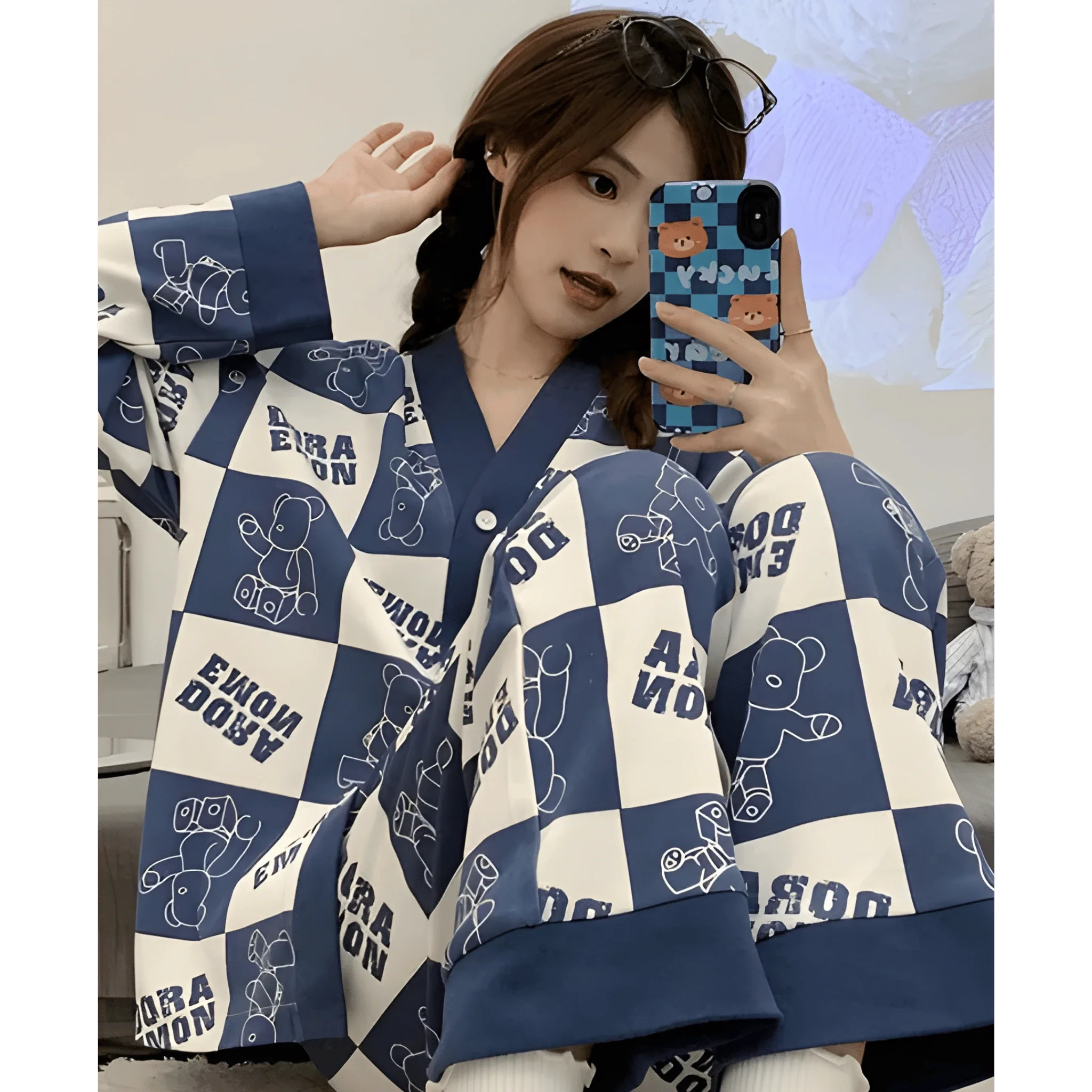 Blue with White Doraemon V-Neck Button Printed Night Suit
