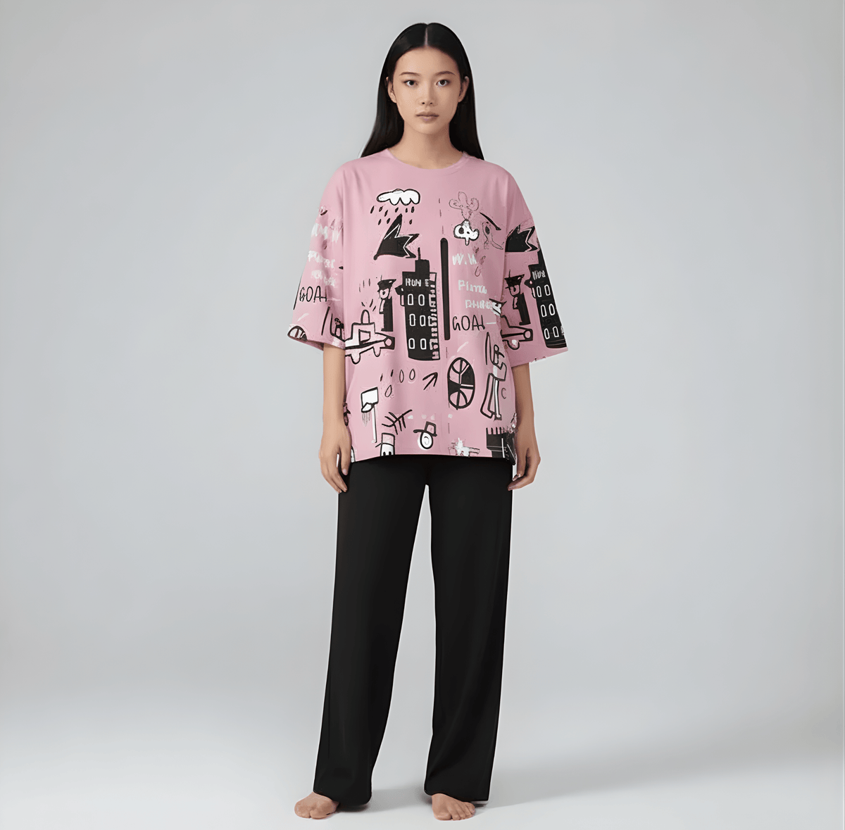 Pink Planet Music With Black Pajama Printed Night Suit