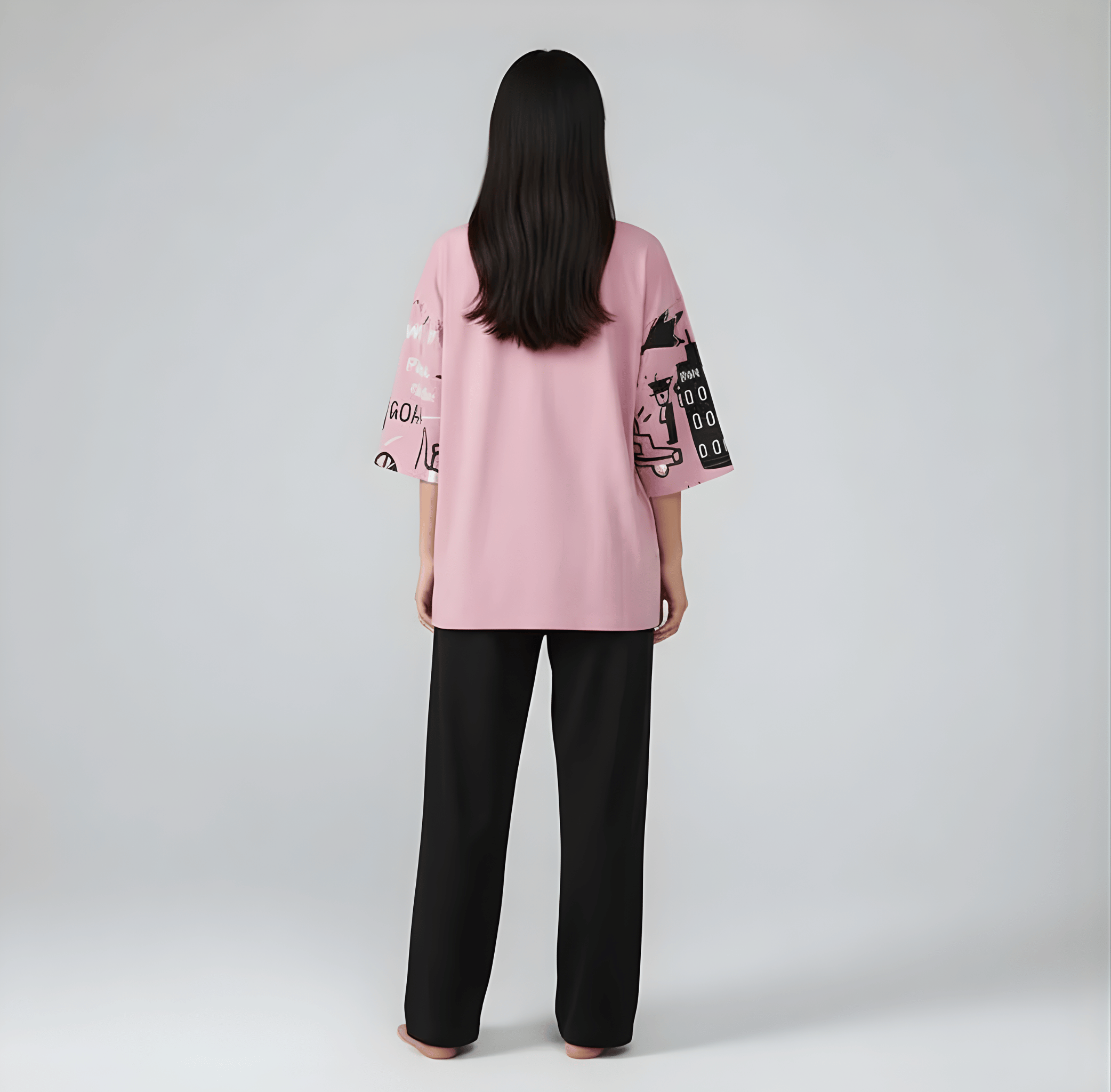Pink Planet Music With Black Pajama Printed Night Suit